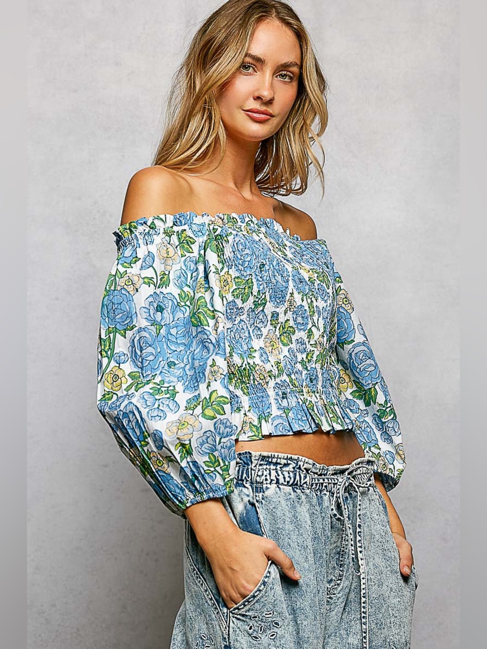 🍓 POL “ Sedona Bloom “ Off The Shoulder Smocked Top | Bluebell